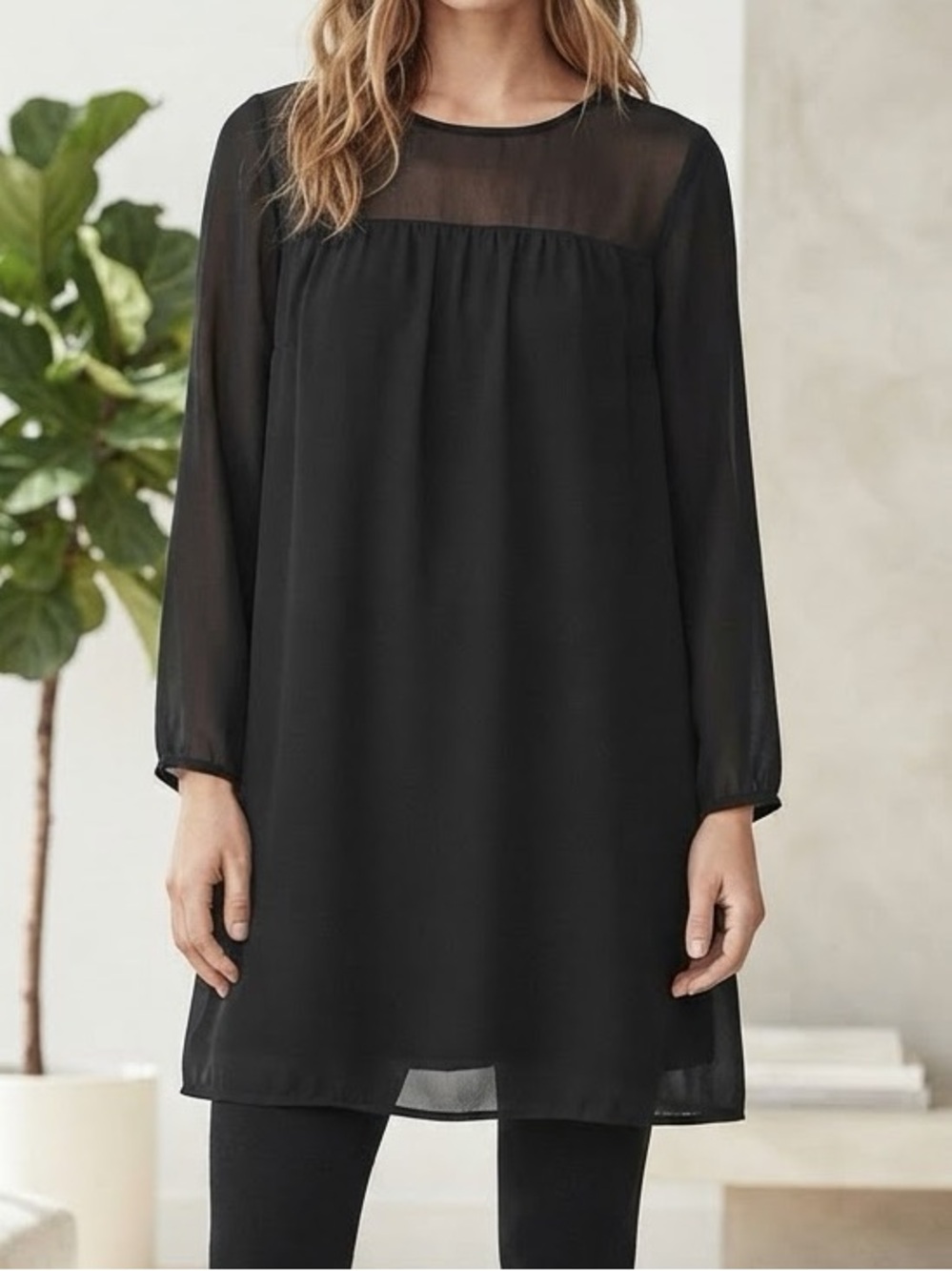 H&M Black Long Sleeve Sheer Yoke Tunic Dress
